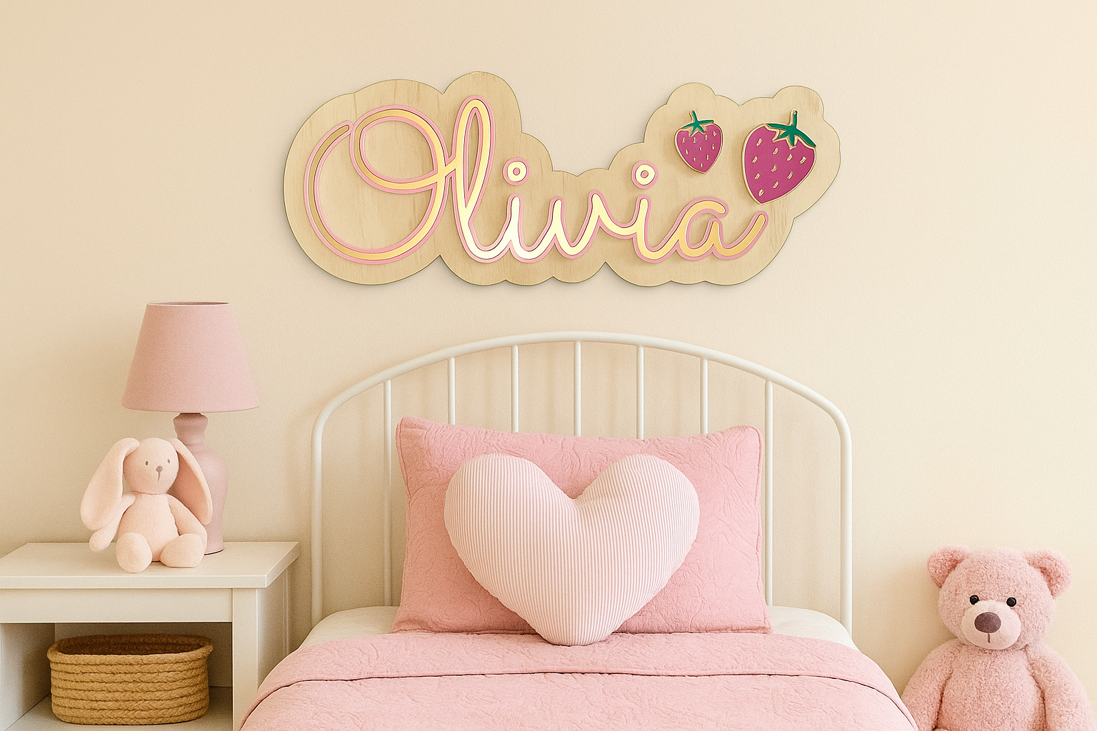 Personalised Strawberry Kids Wall Sign – Timber & Acrylic