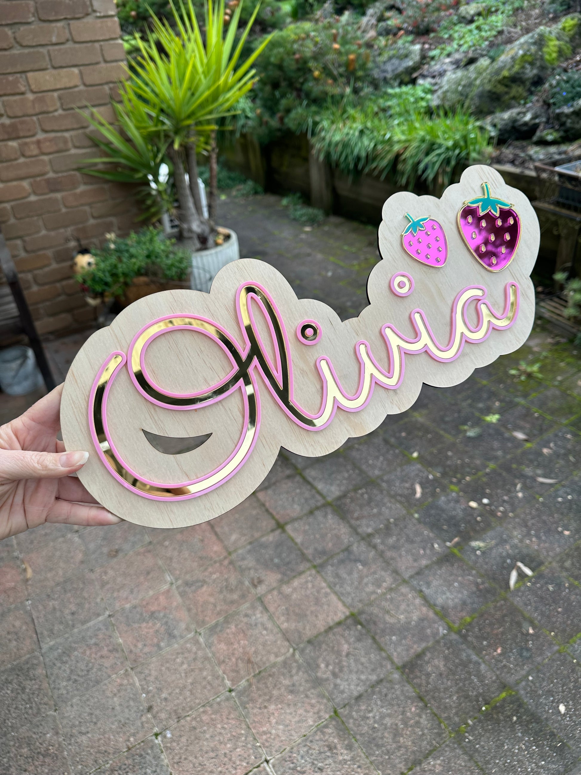 Personalised Strawberry Kids Wall Sign – Timber & Acrylic